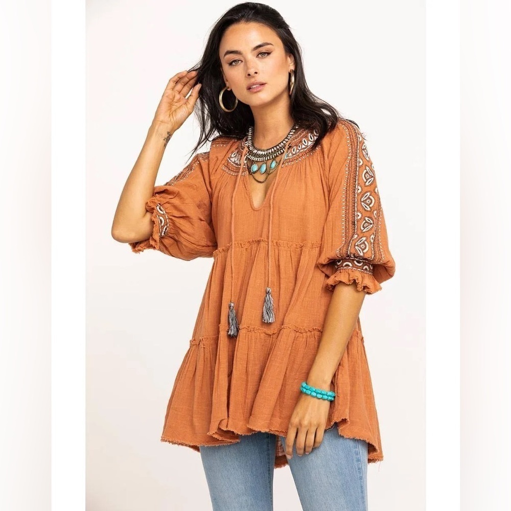 Free People Dreamweaver Embroidered Cotton Tassel Puff Sleeve Tunic Top Sz XS